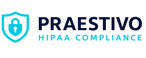 praestivo_ Logo featuring a blue shield with a padlock icon next to the words PRAESTIVO in bold letters and HIPAA COMPLIANCE in light blue text below.